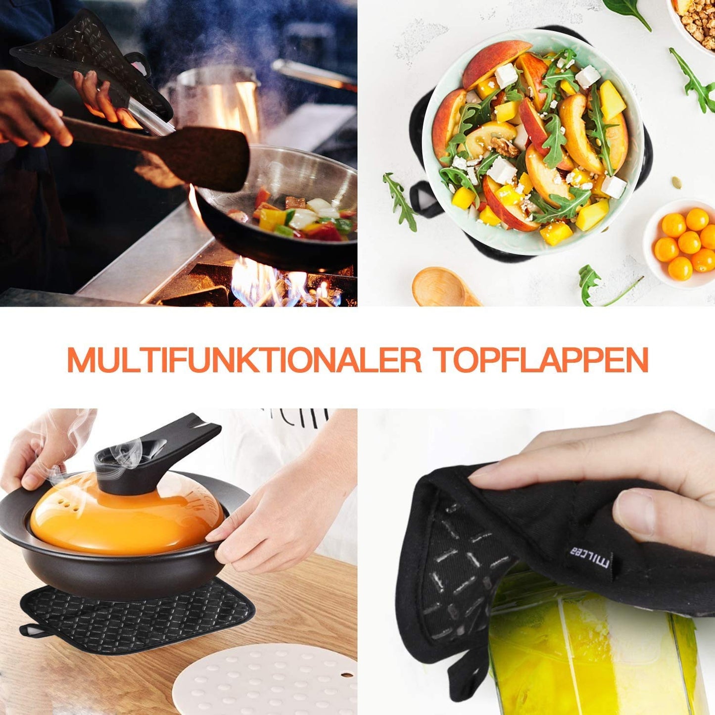 MILcea Ofenhandschuhe 4er Set – Backhandschuhe & Topfhandschuhe, Schwarz