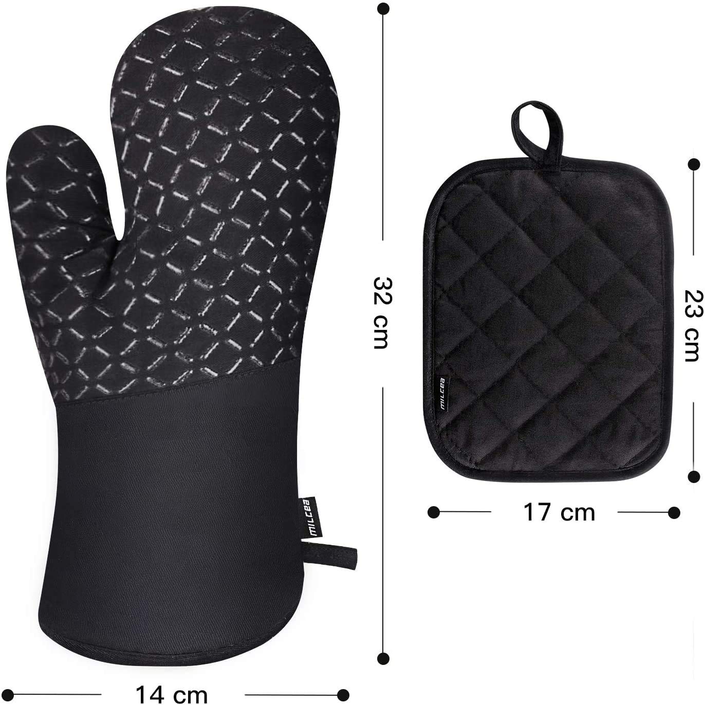 MILcea Ofenhandschuhe 4er Set – Backhandschuhe & Topfhandschuhe, Schwarz