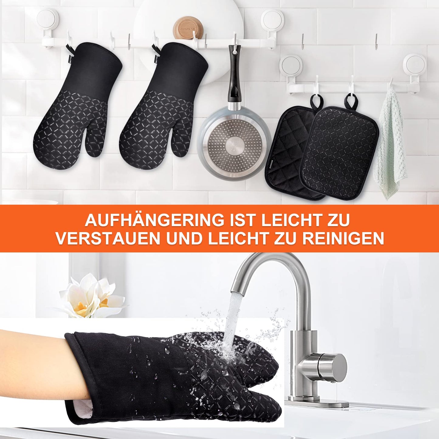 MILcea Ofenhandschuhe 4er Set – Backhandschuhe & Topfhandschuhe, Schwarz
